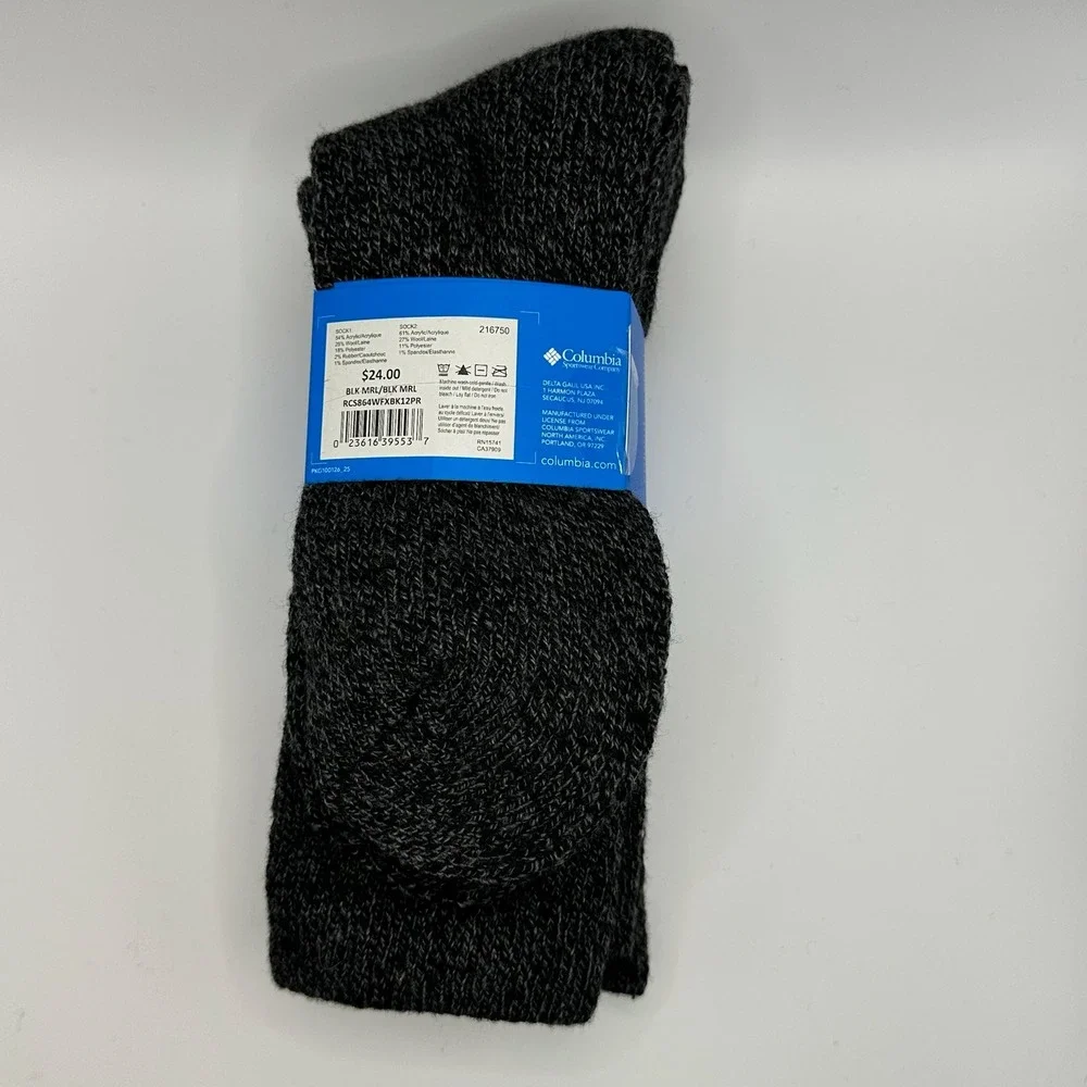 Columbia Crew Socks Women Size 4-10 Black‎ Grey NWT Wool Blend 2-Pack